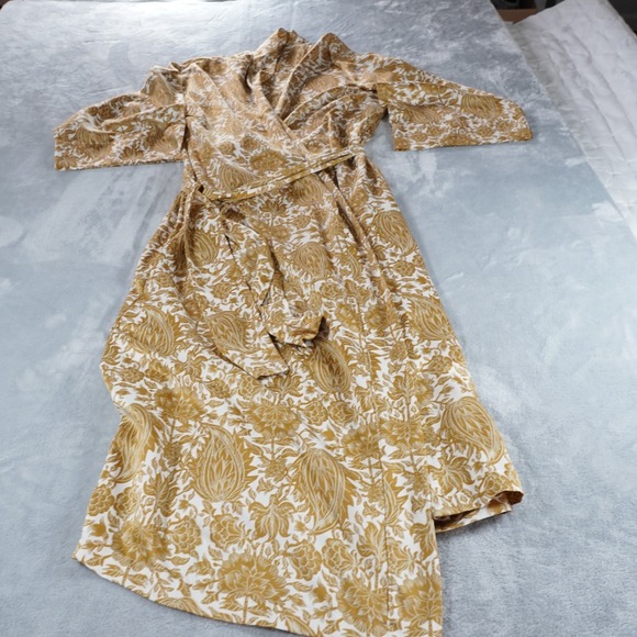 Natori Womens Satin Robe Sz L Long Floral Belted Full Classic Gold White Pockets - Picture 3 of 16